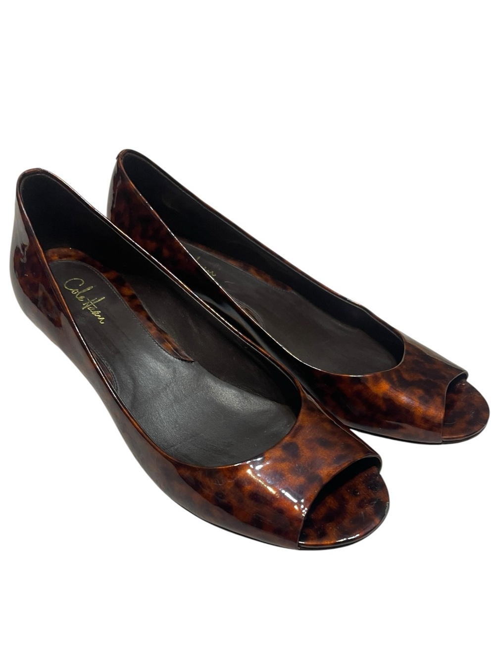 Cole Haan Elly Peep Toe Wedge Heel Tortoise Shell Shiny Patent Leather Shoe 7.5